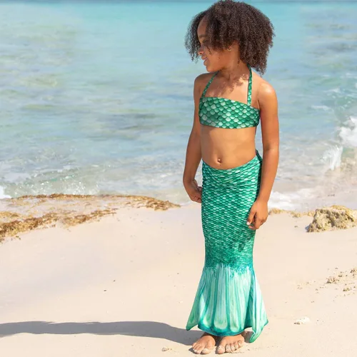Vista 2 de Fin Fun Cola de sirena para niña, con parte superior de bikini bandeau a juego, disfraz para nadar