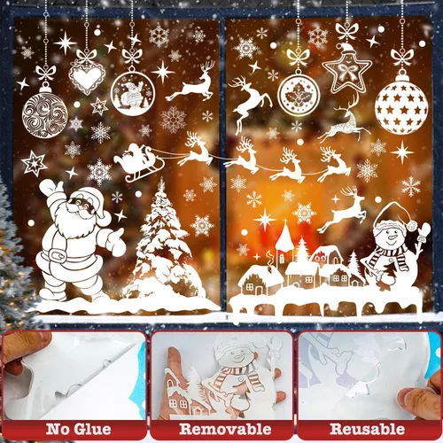 Vista 4 de 236 adhesivos de Navidad para ventana, 9 hojas de calcomanías de doble cara con copos de nieve, calcomanías de decoración navideña de muñeco