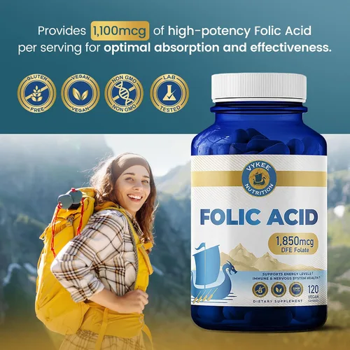 Vista 4 de Vykee Nutrition Cápsulas de ácido fólico - Apoya los procesos corporales, la salud prenatal y la energía - Suplemento de vitamina B9 para mujeres