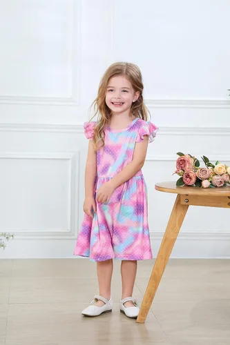 Vista 6 de Vestido de unicornio casual con mangas con vuelo para niñas pequeñas, vestido de verano para fiesta de cumpleaños, vestidos de verano de 1 a 8 años