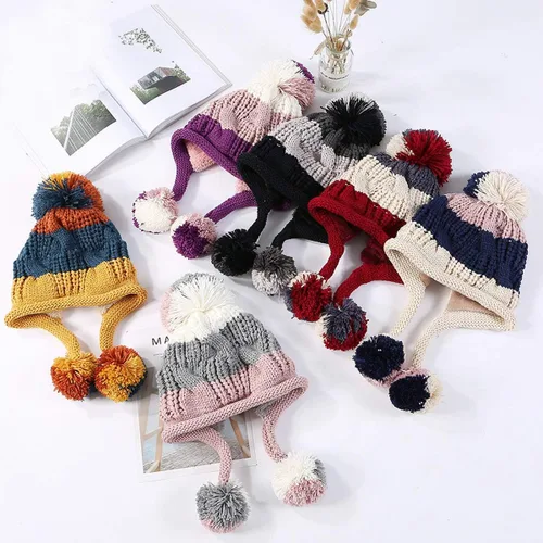 Vista 7 de HUAMULAN - Gorro de invierno para mujer estilo peruano con forro polar, solapas para orejas, doble capa, con pompones
