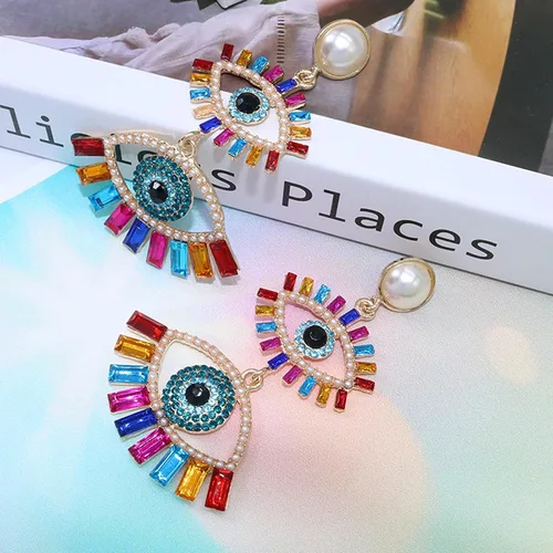 Vista 6 de Aretes colgantes de cristal para mujer, diseño de ojos malvados y divertidos, con diamantes de imitación abstractos y ojos colgantes, joyería
