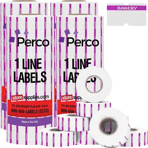 Vista 15 de Perco 1 línea de impresión inversa morada en etiquetas blancas de panadería, 8,000 etiquetas para pistolas Perco Lite, X, Plus y Pro, con diseño a