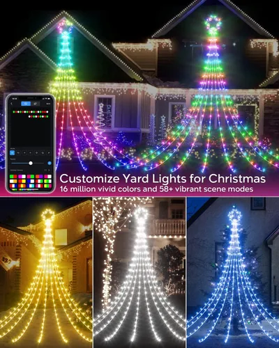 Vista 5 de Decoraciones de Navidad inteligentes para exteriores de 12 pies con control remoto de aplicación, luces inteligentes RGB para árbol de Navidad