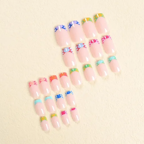 Vista 3 de MISUD Uñas Postizas Cortas Cuadradas - Uñas con Pegamento de Verano Colorido, Diseño de Arcoíris de Cocodrilo Acrílicas 24 piezas