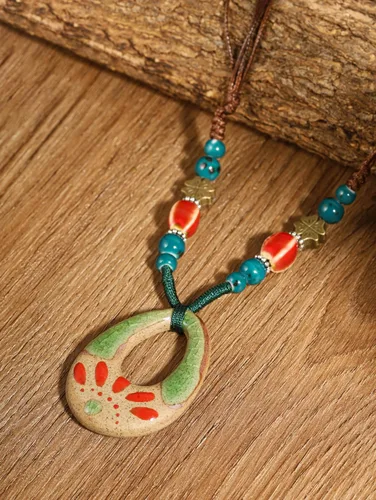 Vista 4 de MINACHI Collar con colgante floral de cerámica con cuentas de cerámica bohemia, regalo de joyería bohemia vintage para mujer