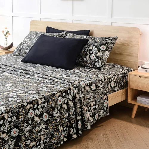 Vista 7 de JSD - Juego de sábanas de 6 piezas con estampado floral de cachemira negra y bolsillo profundo Juego de fundas de almohada de microfibra