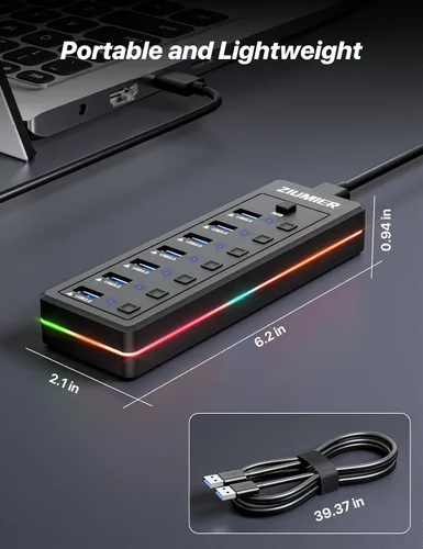 Vista 5 de Hub USB RGB, 7 puertos USB Splitter transferencia de datos para juegos, hogar, oficina, escuela USB 3.0 Hub with RGB LED Strip - Individual LED