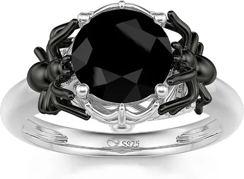 Vista 3 de Jeulia Anillo de plata de corte redondo anillo gótico de plata de ley Hug Me araña negra, anillo de moda para aniversario, compromiso, boda