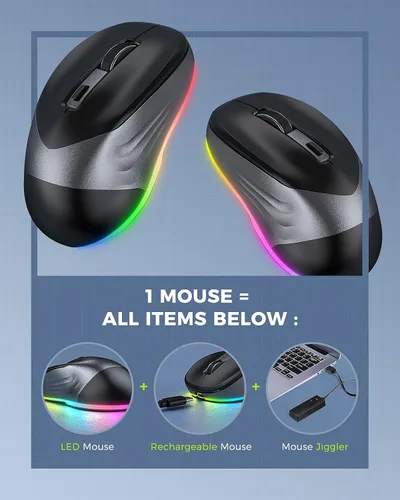 Vista 2 de PEIOUS Ratón inalámbrico, mouse Jiggler para laptop, mouse LED recargable para computadora, mouse movedor aleatorio indetectable con botón