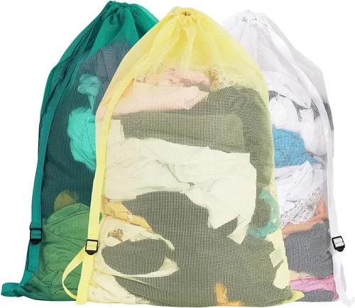 Vista 9 de Bolsas de lavandería de malla resistente de 24 x 36 pulgadas con cierre de cordón, paquete de 3, color negro