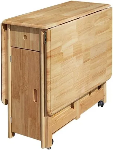 Vista 11 de LAKIQ Mesa de comedor plegable de madera maciza con almacenamiento, mesa de cocina rectangular con cajones, mesa de cocina plegable con ruedas, solo