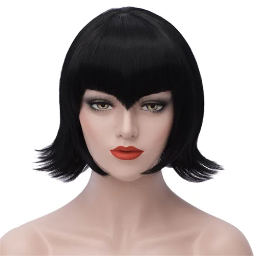 Vista 2 de Peluca de pelo corto Bob con flequillo recto sintético peluca natural como pelo real 12 pulgadas
