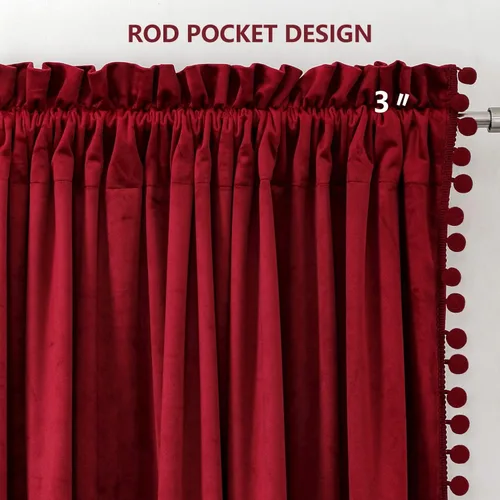 Vista 6 de Benedeco - Cortinas de terciopelo burdeos para ventana de dormitorio con pompón, cortinas de lujo súper suaves, oscurecimiento y aislamiento térmico