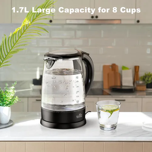 Vista 2 de Willz Hervidor eléctrico de vidrio con mango resistente al calor y vertido inalámbrico, tecnología de ebullición rápida y apagado automático, luz