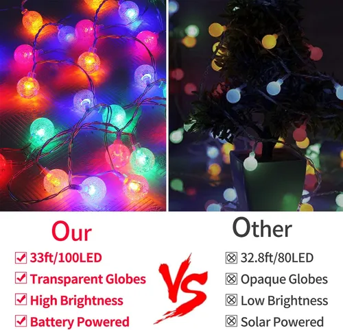 Vista 7 de Luces que cambian de color alimentadas por baterías, paquete de 2 unidades en total de 66 pies, 200 luces LED coloridas con control remoto, 8 modos