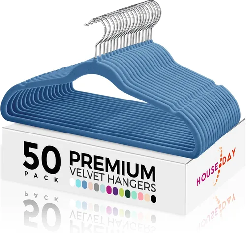 Vista 20 de HOUSE DAY - Paquete de 50 perchas de terciopelo premium, perchas antideslizantes de fieltro aterciopelado, perchas resistentes para ropa con gancho