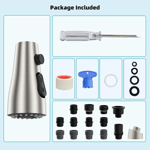 Vista 7 de Hibbent Cabezal rociador extraíble de metal para grifo de cocina, boquilla rociadora para fregadero de cocina con 15 adaptadores, repuesto