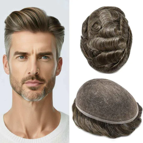 Vista 17 de Peluca de cabello humano con encaje completo, línea capilar real, para hombre, peluca de cabello con nudo blanqueado, pieza de pelo para hombres