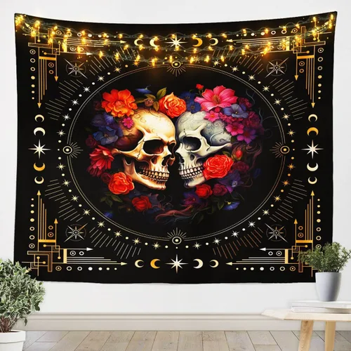 Vista 4 de Tapiz femenino de flores de rosas rojas, tapiz de pared para el día de San Valentín, decoración de habitación de niñas y mujeres, cielo estrellado
