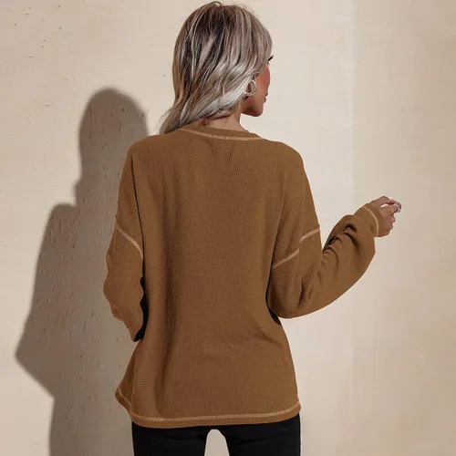 Vista 4 de LAO POPO Women's Long Sleeve Casual Round Neck Sweatshirt Pullover Loose Solid Color Top Pocket T-Shirt