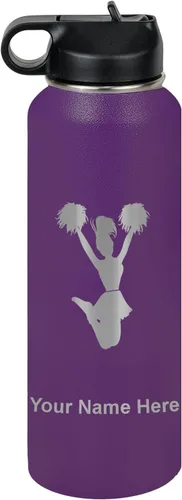 Vista 47 de LaserGram Botella de agua con tapa abatible de doble pared de 12 onzas con pajita, animadora, grabado personalizado incluido (negro)