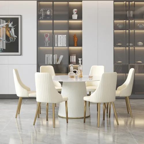 Vista 7 de Mesa de comedor redonda para 6, mesa de piedra sinterizada con marco de madera maciza, mesa de comedor blanca de 53 pulgadas para comedor y cocina