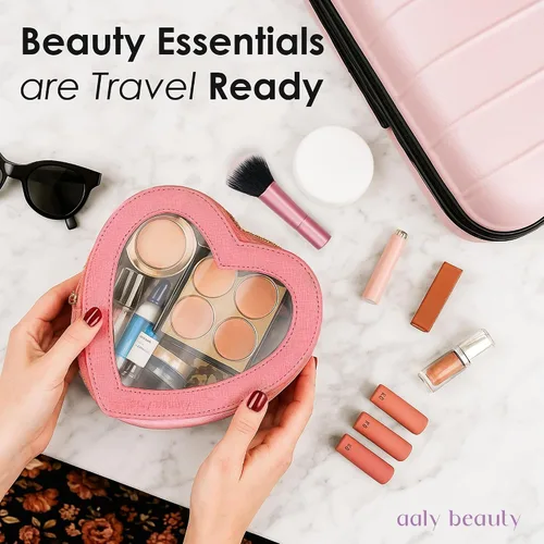Vista 4 de Bolsa de maquillaje con forma de corazón – Bolsa de cosméticos de corazón rosa con cubierta transparente – Ideas de regalo para mujeres, mamá
