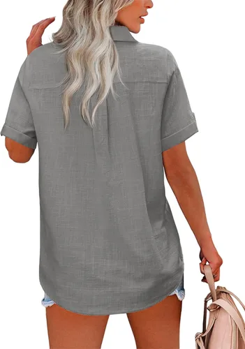 Vista 4 de HOTOUCH Camisa de lino con botones para mujer, de algodón, de manga corta, cuello en V, con botones, para verano y playa