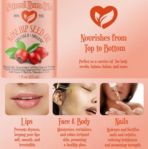 Vista 7 de Aceite de semilla de rosa mosqueta de 4 onzas, 100% puro y natural, prensado en frío, sin refinar, hidratante orgánico para piel y cabello, incluye