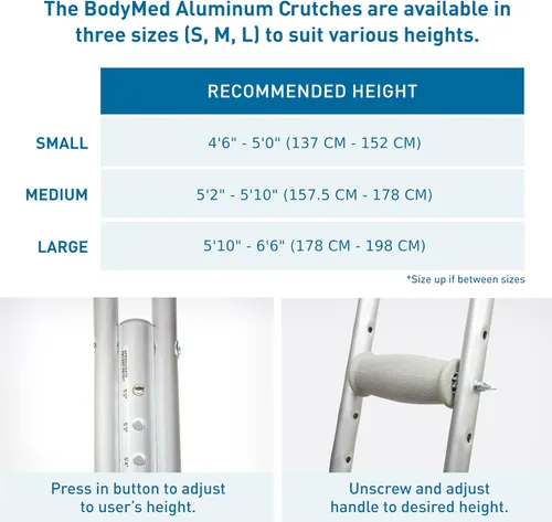 Vista 3 de BodyMed Muletas de aluminio para adultos y niños - Par de muletas ligeras y ajustables en altura - Incluye cojines acolchados para las axilas