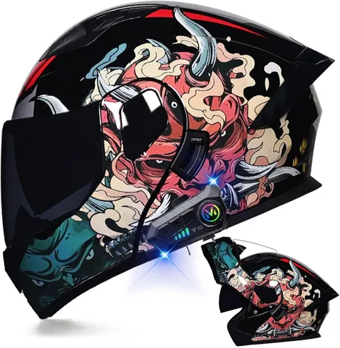 Vista 10 de Casco modular Bluetooth para motocicleta, aprobado por DOT, de cara completa, abatible, antivaho, doble visera, casco de motocicleta de calle, LENTE