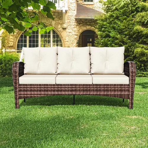 Vista 5 de Sofá de 3 asientos para patio de 73 pulgadas, sofá de mimbre de mimbre, asiento profundo con marco de acero, muebles de conversación al aire libre