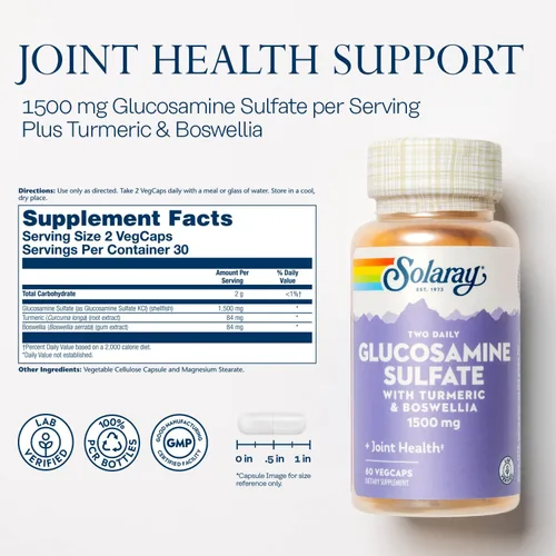 Vista 2 de SOLARAY Sulfato de glucosamina de 1500 mg con cúrcuma y boswellia, apoyo para la salud de las articulaciones, 60 cápsulas vegetales (30 porciones)