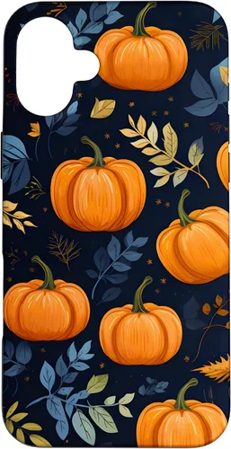 Vista 22 de iPhone 16 Calabazas y Hojas de Otoño Patrón Fondo Oscuro Caso