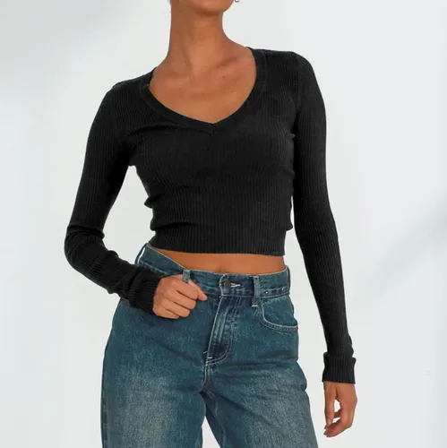 Vista 3 de Camisetas de punto acanalado de manga larga para mujer, color sólido, cuello en V, básicas, de moda