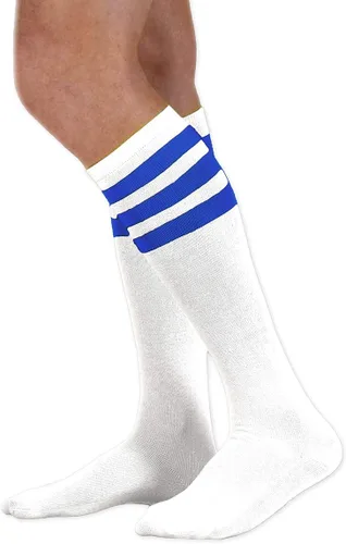 Vista 11 de NEON NATION Calcetines de tubo unisex blancos hasta la rodilla con varias rayas de colores Blanco con rayas azules bebé