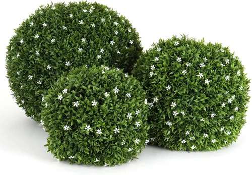 Vista 40 de 3rd Street Inn Bola topiaria XL Baby's Breath - Juego de plantas artificiales - Decoración de fiesta de boda para interiores y exteriores - Esfera