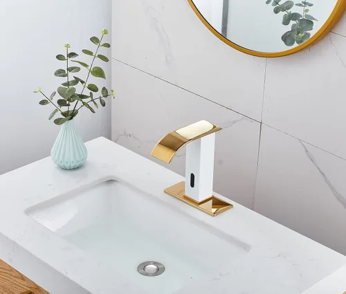 Vista 3 de Grifo automático para lavabo de baño sin contacto con cascada blanca y dorada, sensor de movimiento electrónico con tapón de drenaje desplegable