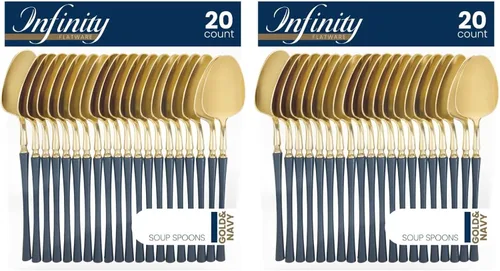 Vista 4 de Blue Sky Infinity Flatware - Cucharas de sopa doradas y azul marino, 20 unidades, lujosos cubiertos de plástico desechables para fiestas y eventos