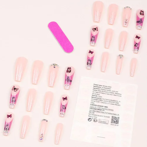 Vista 2 de 24 uñas acrílicas a presión, uñas postizas largas con diseños de mariposa rosa, diamantes de imitación, polvo de purpurina, punta francesa