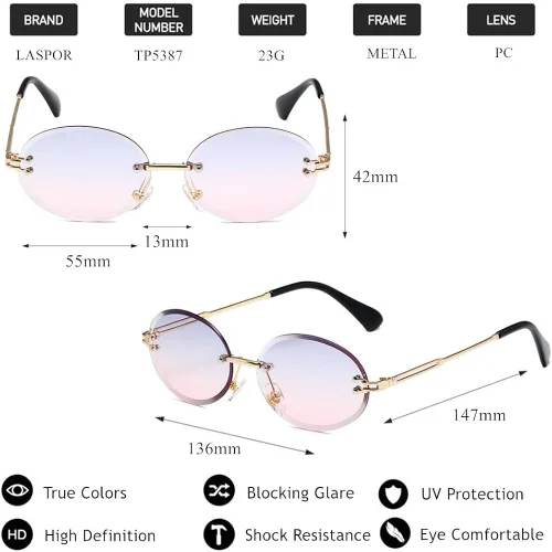 Vista 4 de LASPOR Gafas de sol ovaladas retro para mujeres y hombres a la moda vintage de metal dorado sin marco lentes tintados protección UV400
