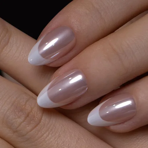 Vista 7 de CurvLife Uñas a presión con punta francesa de almendra media, color blanco Perfil luminoso