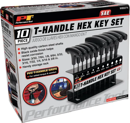 Vista 8 de Performance Tool W80274 Juego de 10 piezas de llaves Allen SAE con mango en T, Juego de llaves hexagonales de brazo largo