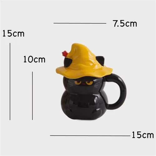 Vista 2 de Taza de café de cerámica, diseño de gato negro, hecho a mano, con sombrero de mago, tapa, asa, oficina, hogar, chocolate caliente con leche, regalos