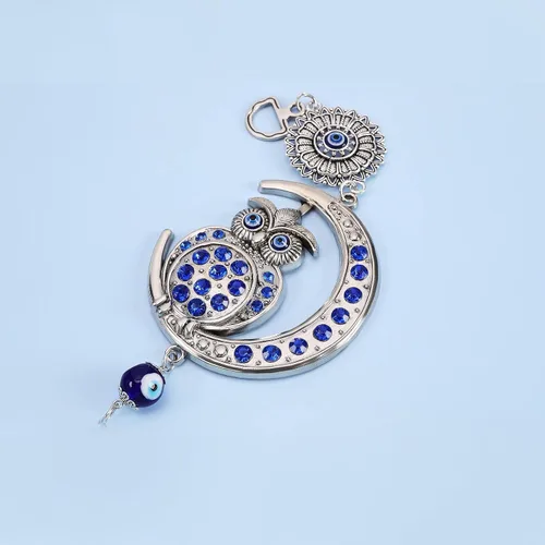 Vista 6 de Decoración azul contra el mal de ojo, adorno colgante de búho, colgante de luna, amuleto para colgar en la pared, accesorios