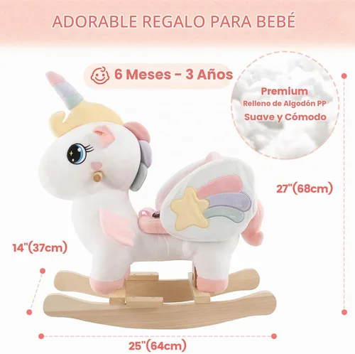 Vista 5 de FUNLIO Caballo mecedor de unicornio para bebé, caballo mecedor de unicornio de hadas arco iris para niños pequeños de 6 meses a 3 años, balancín