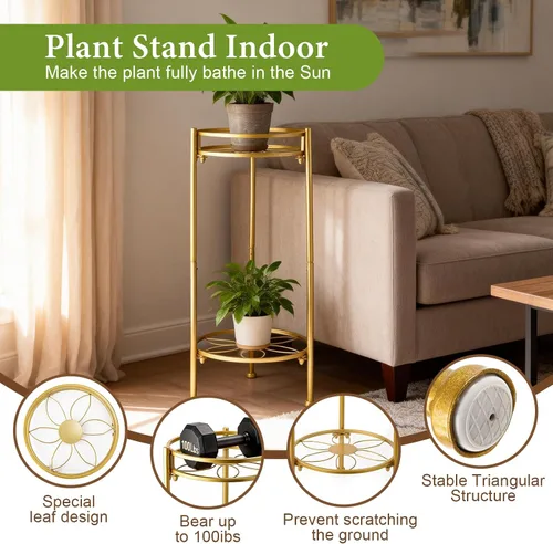 Vista 4 de Soporte de metal de 2 niveles, resistente y ajustable, soporte para macetas de dos niveles para interiores y exteriores, espacios pequeños, balcón