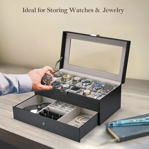 Vista 3 de Caja de reloj con 12 ranuras para hombres, organizador de joyas para hombre, estuche de exhibición con cajón, cajas de almacenamiento de relojes