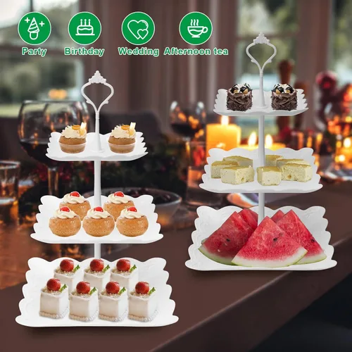 Vista 2 de Coitak Soporte para cupcakes de 3 niveles, soporte de plástico escalonado, bandeja cuadrada para postres para fiestas de té, cumpleaños y bodas